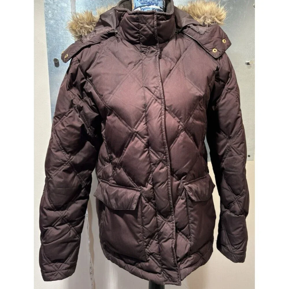 Lands' End Brown Goose Down Diamond Quilted Faux Fur Hood Puffer Jacket M 10-12